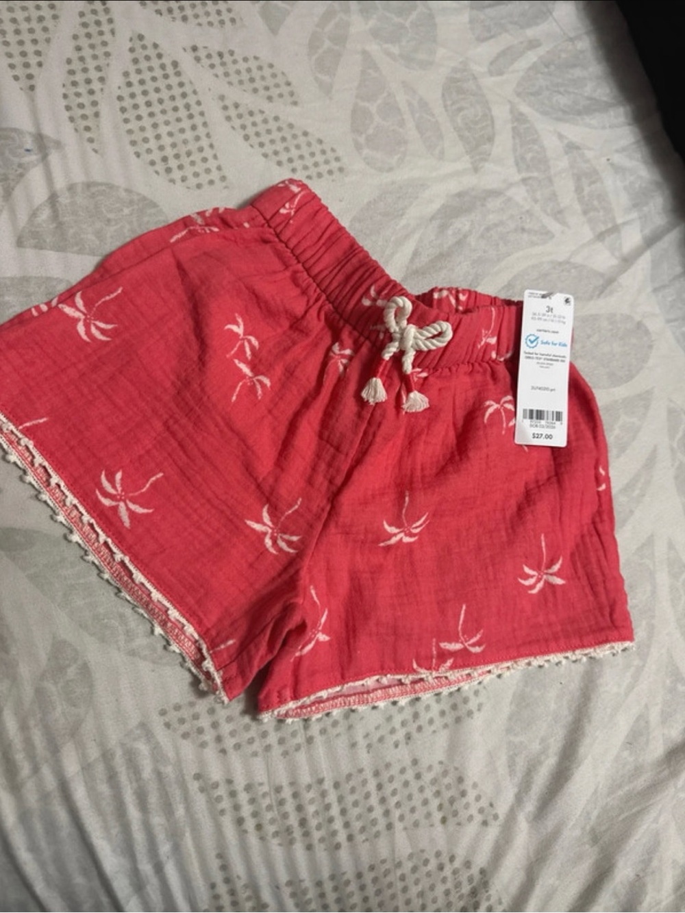 Carter's Coral Red Palm-Print Cotton Shorts with Rope Drawstring